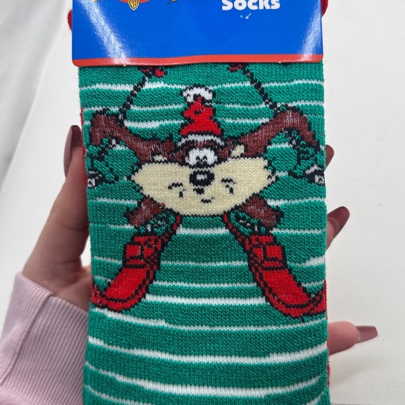 NWT Vtg Looney Tunes Taz Slipper Socks Christmas Skiing Tasmanian Collectible - Picture 3 of 5
